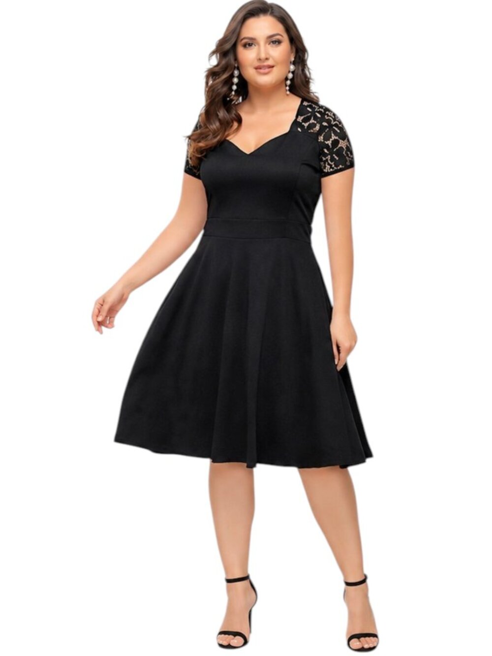 Lace Stitching Short Sleeve Fit & Flare A-Line Elegant Plus Size Skater Dress
